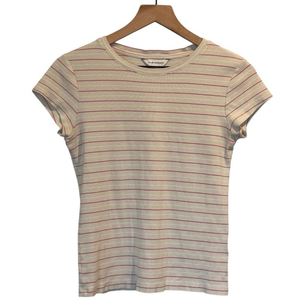Club Monaco Striped Tee, Tan/White/Pink, Ribbed, Cap Sleeve, Crew Neck, M - Picture 2 of 12